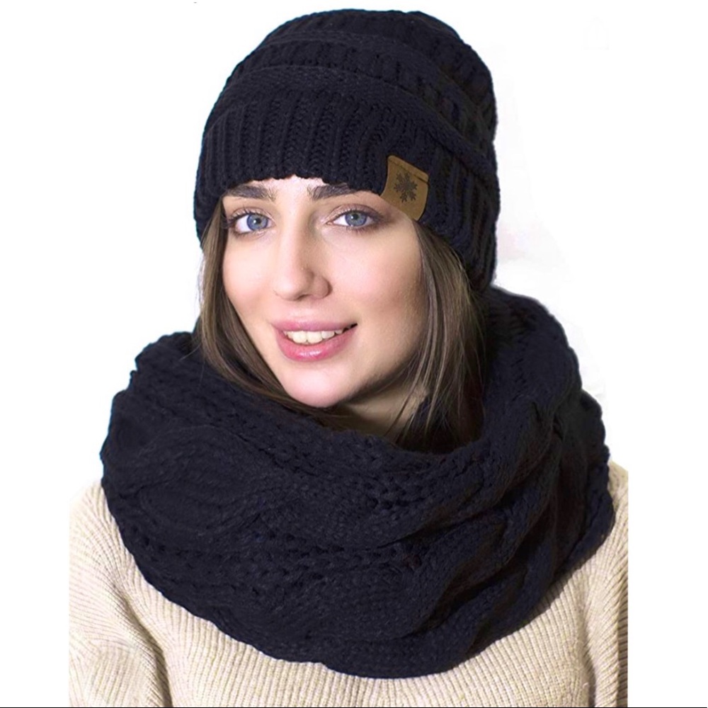 Chunky Hat Scarf Set Cable Knit Beanie Gloves Winter Accessories Womens Woven - Picture 2 of 8